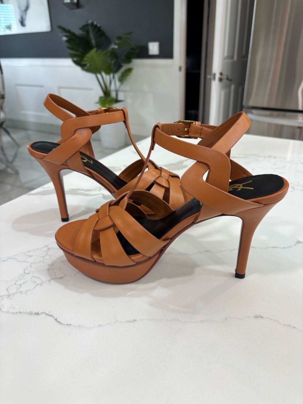 YSL Yves Saint Laurent Brown Leather Tribute Platform Sandals Stiletto Heel - Picture 9 of 10